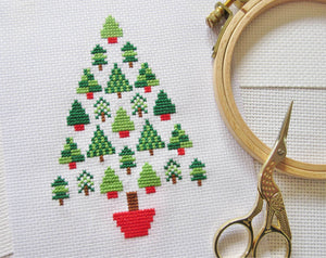 Cross stitch picture of a Christmas tree made up of mini Christmas trees