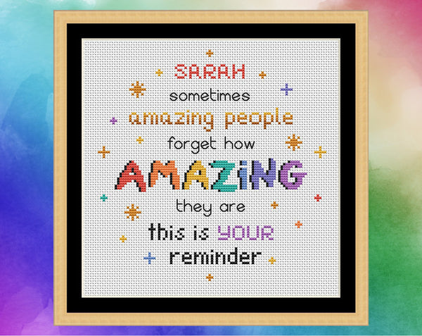 Inspirational personalised cross stitch quote pattern 'Amazing People' - shown in frame