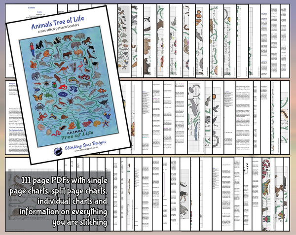 Animals Tree of Life cross stitch pattern. 111 page PDFs with single page charts, split page charts, individual charts and information on everything you are stitching.
