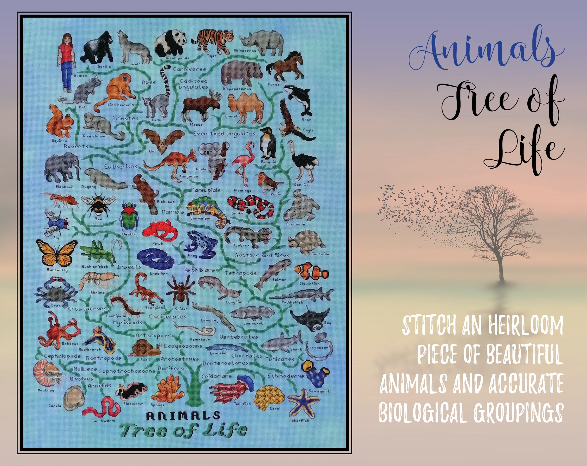 Animals Tree of Life cross stitch pattern. Stitch an heirloom piece of beautiful animals and accurate biological groupings.