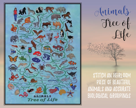Animals Tree of Life cross stitch pattern. Stitch an heirloom piece of beautiful animals and accurate biological groupings.