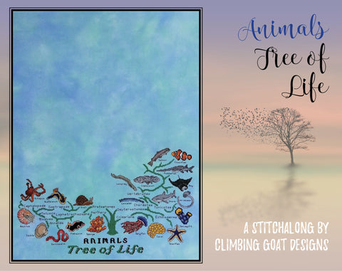 Animals Tree of Life Stitchalong by Climbing Goat Designs. Picture of pattern sections released so far.