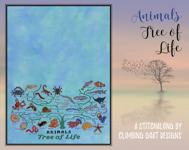 Animals Tree of Life Stitchalong by Climbing Goat Designs. Picture of pattern sections released so far.