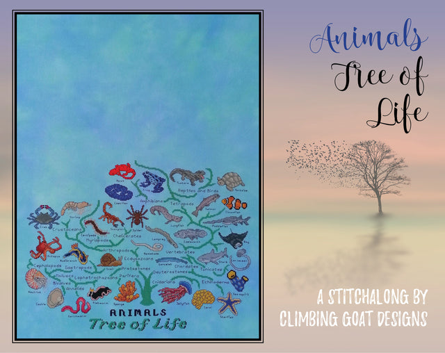Animals Tree of Life Stitchalong by Climbing Goat Designs. Picture of pattern sections released so far.