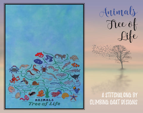 Animals Tree of Life Stitchalong by Climbing Goat Designs. Picture of pattern sections released so far.