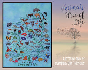 Animals Tree of Life Stitchalong by Climbing Goat Designs. Picture of pattern sections released so far.