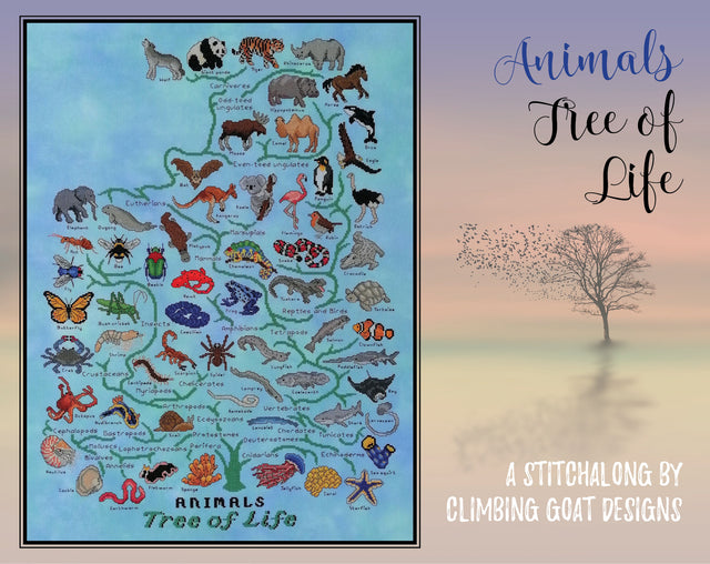 Animals Tree of Life Stitchalong by Climbing Goat Designs. Picture of pattern sections released so far.