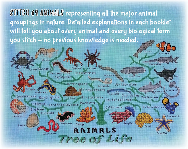 Animals Tree of Life Stitchalong. Stitch 69 animals representing all the major animal groupings in nature. Detailed explanations in each booklet will tell you about every animal and every biological term you stitch - no previous knowledge is needed.
