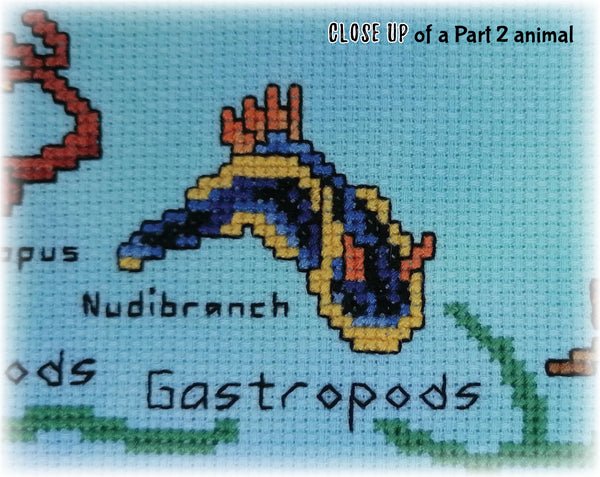 Animals Tree of Life Stitchalong. Close up photo of stitched Nudibranch.