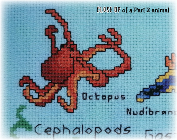 Animals Tree of Life Stitchalong. Close up photo of stitched Octopus.