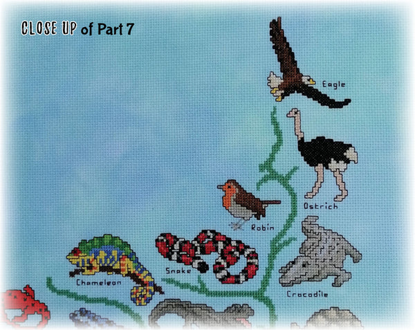 Animals Tree of Life Stitchalong. Close up of Part 7, showing chameleon, snake, crocodile, robin, ostrich and eagle.