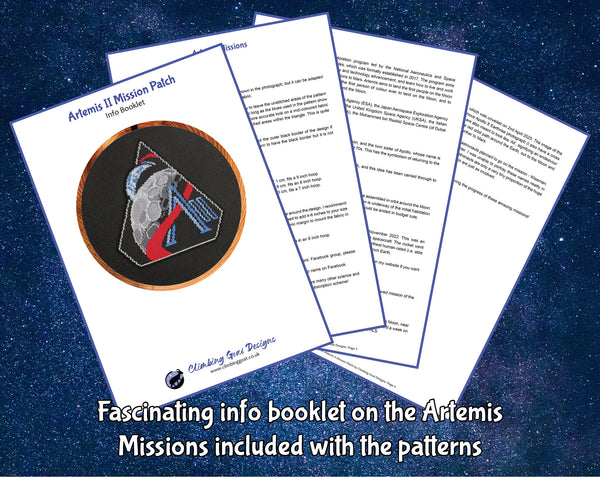 Artemis II Mission Patch cross stitch pattern. Fascinating info booklet on the Artemis Missions included with the patterns.