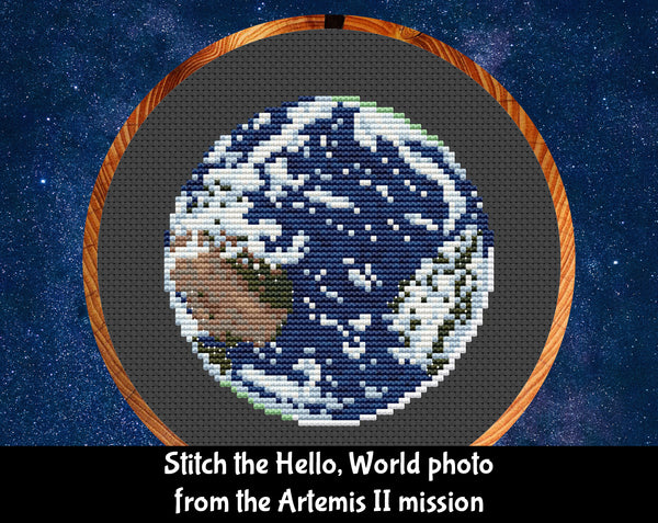 Hello, World from Artemis II mission. Cross stitch pattern of the Earth as seen from space.