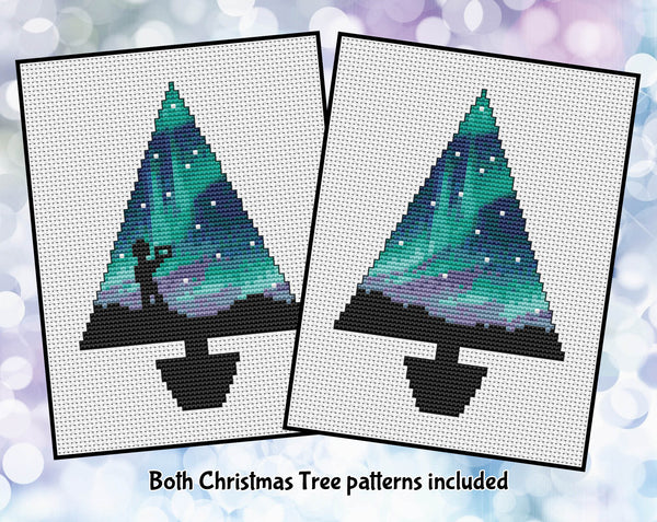 Aurora Christmas Tree cross stitch pattern. Both Christmas Tree patterns included - images of both patterns with and without photographer silhouette.