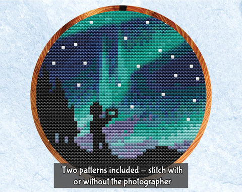 Aurora cross stitch pattern. Mini hoop pattern of aurora. Two patterns included - stitch with or without silhouette of a photographer.