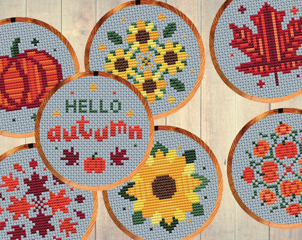 Autumn Minis cross stitch patterns by Climbing Goat Designs. Collection of mini autumn designs.
