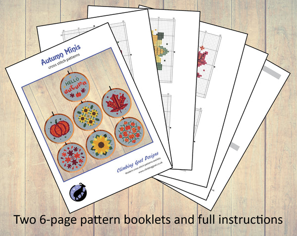 Autumn Minis cross stitch patterns by Climbing Goat Designs.Two 6-page booklets and full instructions.