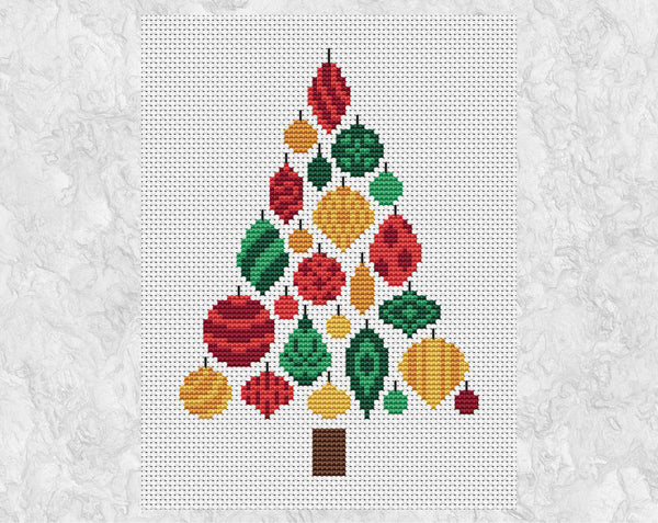 Christmas Tree of Baubles cross stitch pattern. Christmas tree shape made up of patterned baubles in shades of red, green and gold. Shown without frame.