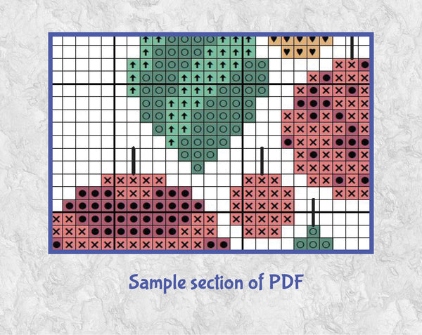 Christmas Tree of Baubles cross stitch pattern. Christmas tree shape made up of patterned baubles in shades of red, green and gold. Sample section of PDF.