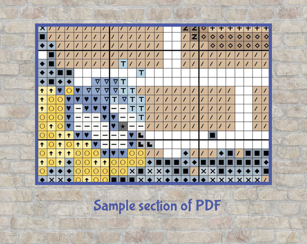 Blue Tits and Birdhouse cross stitch pattern. Sample section of PDF.