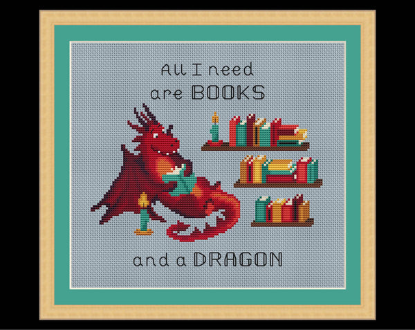 Book Dragon cross stitch pattern. A dragon reading a book next to some bookshelves, with the words 'All I need are BOOKS and a DRAGON'. Shown in frame.