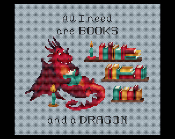Book Dragon cross stitch pattern. A dragon reading a book next to some bookshelves, with the words 'All I need are BOOKS and a DRAGON'. Shown without frame.