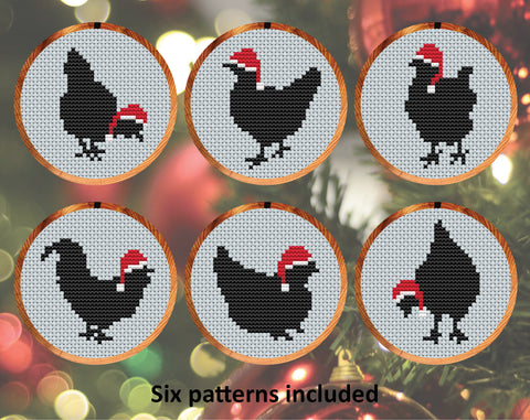 Chickens in Christmas Hats cross stitch patterns. Six patterns of chicken silhouettes wearing Santa hats.