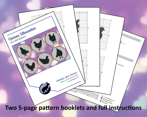 Chicken Silhouettes cross stitch patterns. Two 5-page pattern booklets and full instructions.