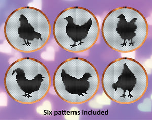 Chicken Silhouettes cross stitch patterns. Six small patterns of chicken silhouettes.