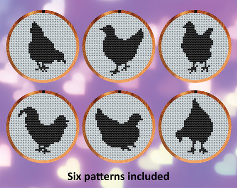 Chicken Silhouettes cross stitch patterns. Six small patterns of chicken silhouettes.