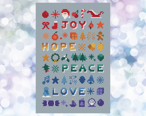 Christmas Rainbow Sampler cross stitch pattern. Shown without frame.