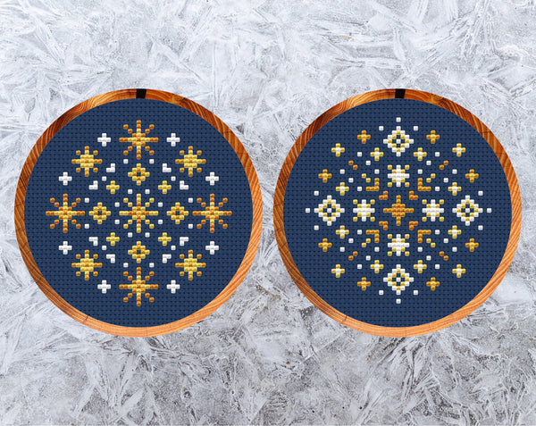 Christmas Stars Snowflakes cross stitch patterns: first and second designs.