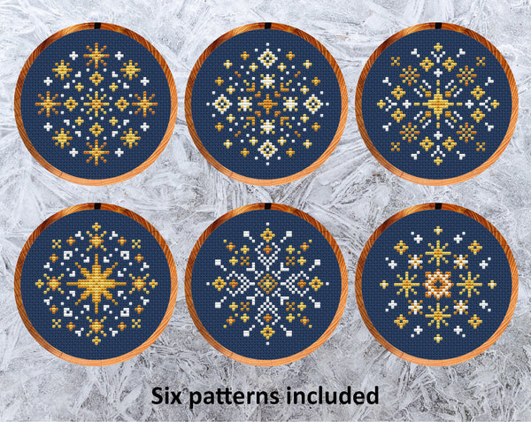 Christmas Stars Snowflakes cross stitch patterns. Mini geometric designs made up of stars and snowflakes. Six patterns included.