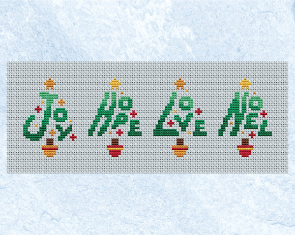 Christmas Words Christmas Trees cross stitch pattern. Four mini Christmas trees made up of the words JOY, HOPE, LOVE and NOEL. Shown without frame.