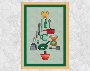 Cooking Christmas Tree cross stitch pattern. Shown in frame.