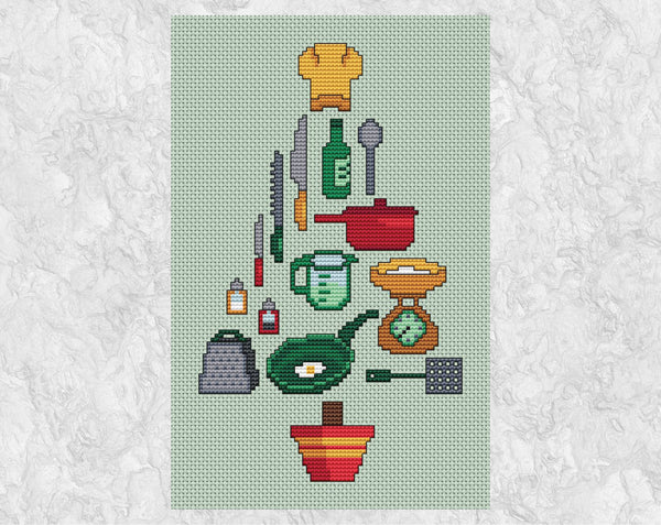 Cooking Christmas Tree cross stitch pattern. Shown without frame.