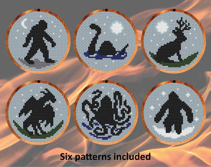 Cryptid Silhouettes cross stitch pattern. Mini patterns of Sasquatch / Bigfoot, Loch Ness Monster, Jackalope, Jersey Devil, Kraken and Yeti.