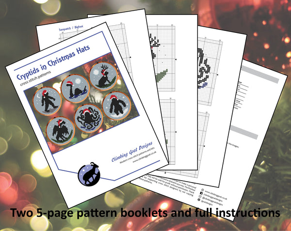 Cryptids in Christmas Hats cross stitch pattern. Two 5-page pattern booklets and full instructions.