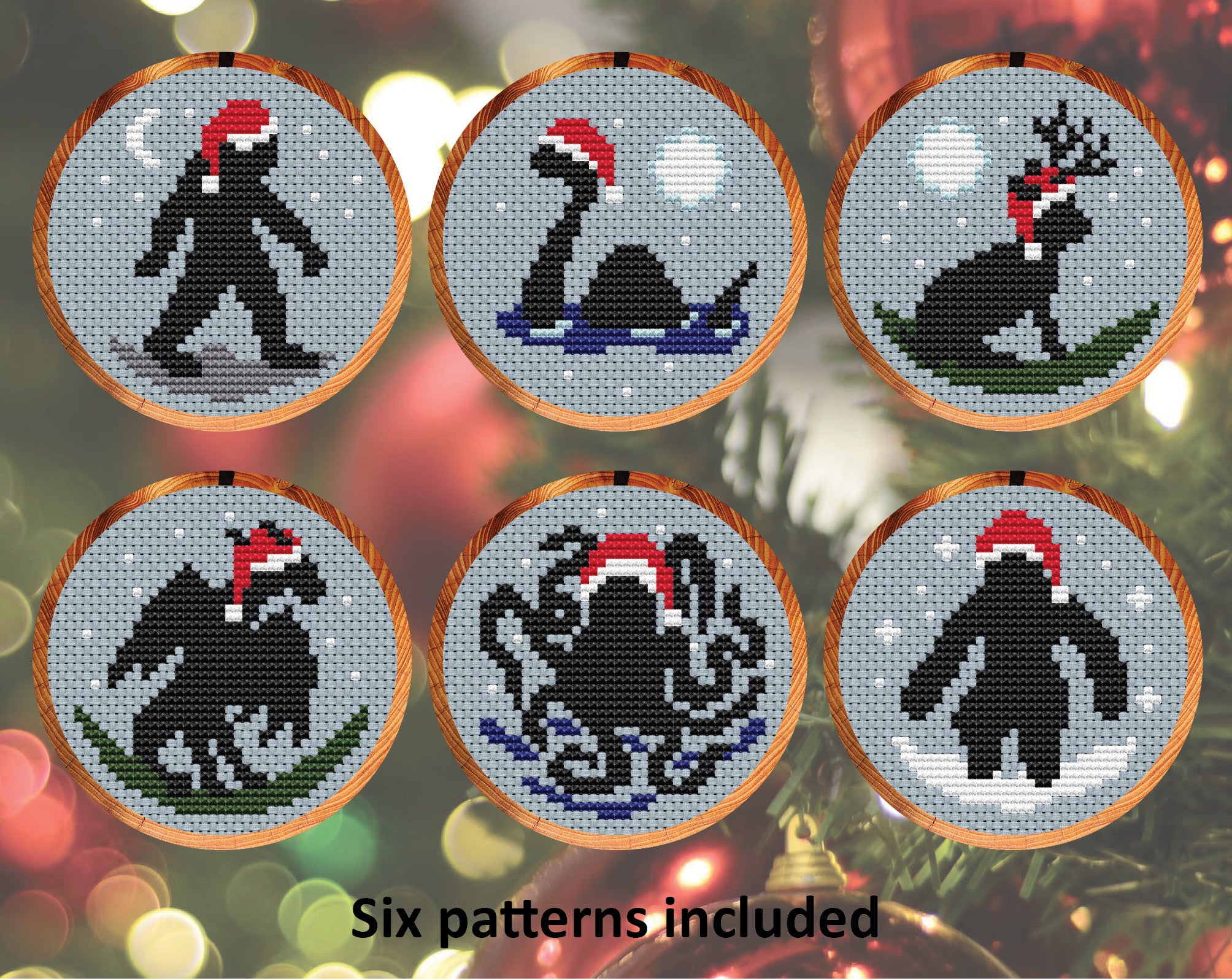 Cryptids in Christmas Hats cross stitch pattern. Mini patterns of Sasquatch / Bigfoot, Loch Ness Monster, Jackalope, Jersey Devil, Kraken and Yeti all wearing Santa hats.