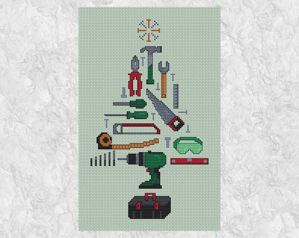 DIY and Construction Workers Christmas Tree cross stitch pattern. Shown without frame.