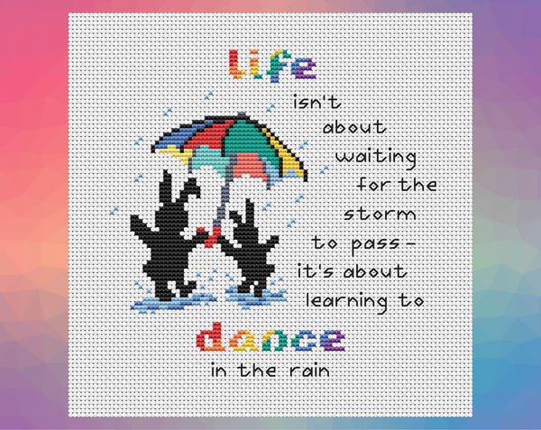 Dancing in the Rain cross stitch patterns. Two Together Bunnies with an umbrella and the words "life isn't about waiting for the storm to pass - it's about learning to dance in the rain". Shown without frame.
