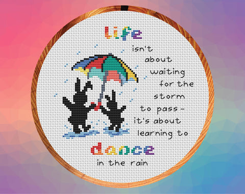 Dancing in the Rain cross stitch patterns. Two Together Bunnies with an umbrella and the words "life isn't about waiting for the storm to pass - it's about learning to dance in the rain". Shown in hoop.