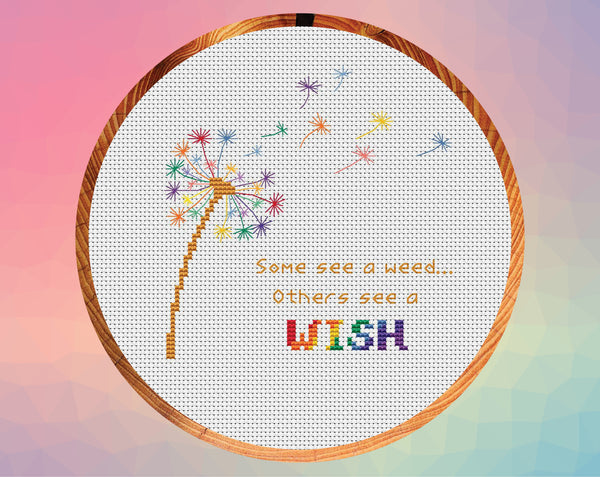 Rainbow Dandelion Clock cross stitch pattern with the words "Some see a weed... Others see a wish". Pale fabric pattern version, shown in hoop.