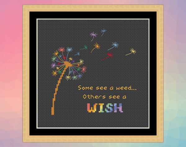 Rainbow Dandelion Clock cross stitch pattern with the words "Some see a weed... Others see a wish". Dark fabric pattern version, shown in frame.