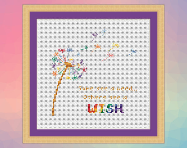 Rainbow Dandelion Clock cross stitch pattern with the words "Some see a weed... Others see a wish". Pale fabric pattern version, shown in frame.