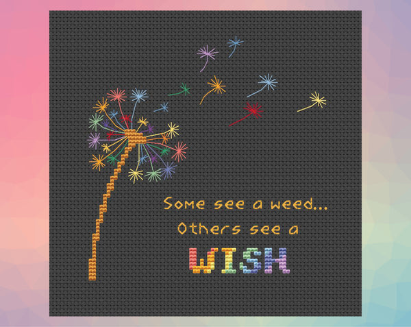 Rainbow Dandelion Clock cross stitch pattern with the words "Some see a weed... Others see a wish". Dark fabric pattern version, shown without frame.