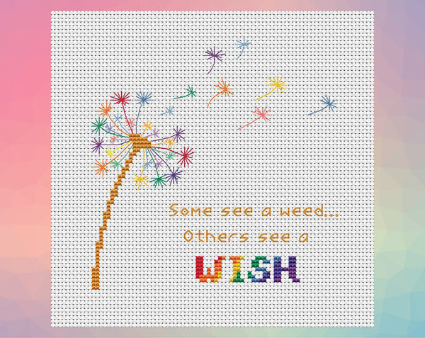 Rainbow Dandelion Clock cross stitch pattern with the words "Some see a weed... Others see a wish". Pale fabric pattern version, shown without frame.