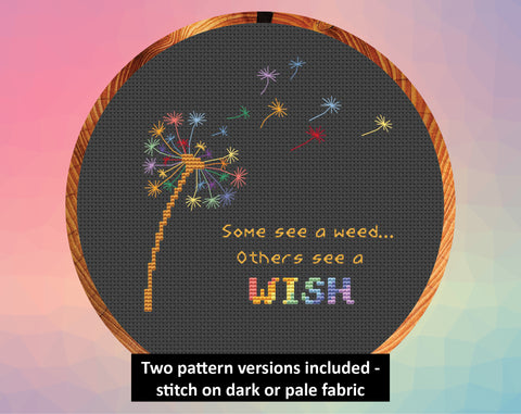 Rainbow Dandelion Clock cross stitch pattern with the words "Some see a weed... Others see a wish". Two patterns included - stitch on dark or pale fabric.