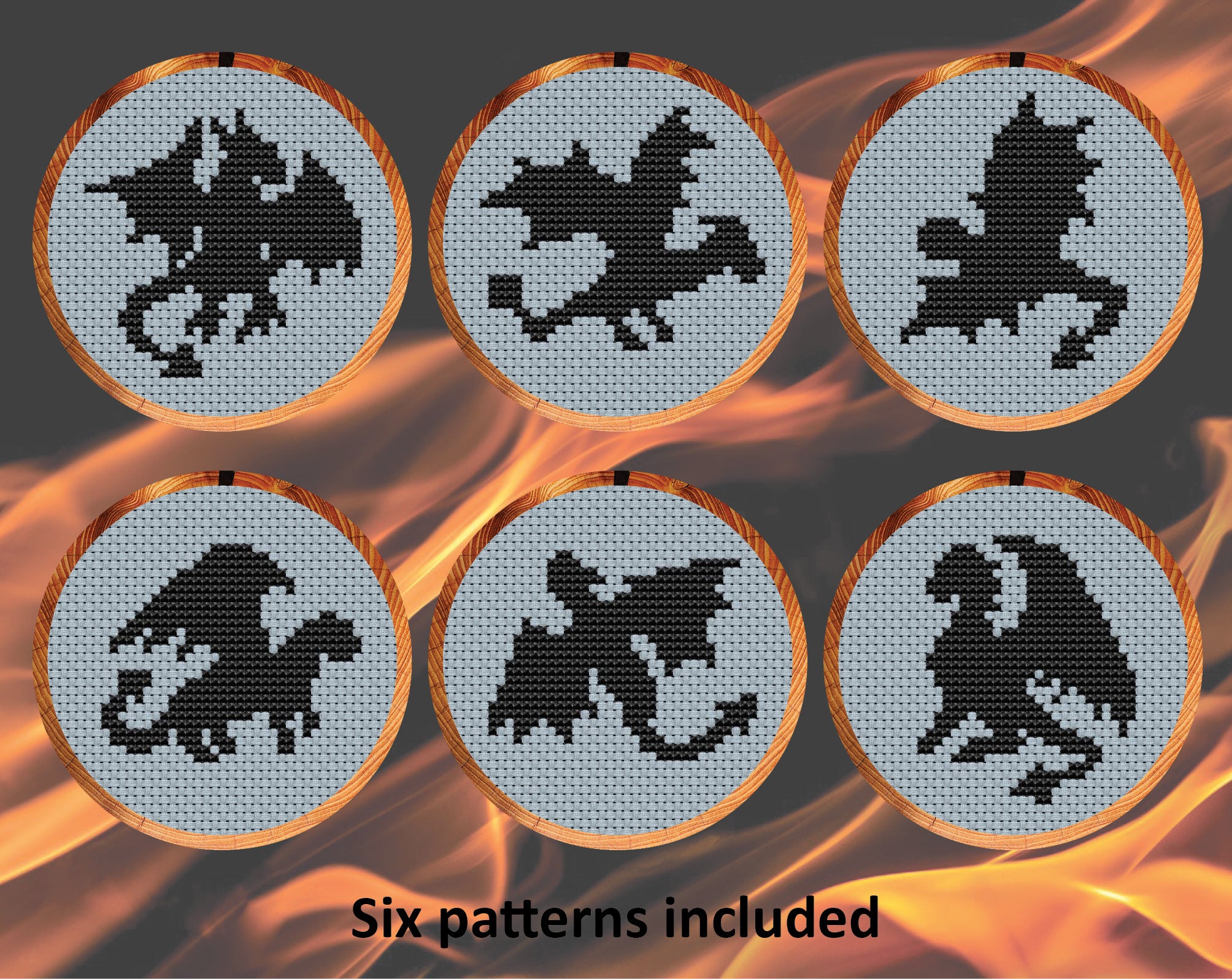 Dragon Silhouettes cross stitch patterns. Six patterns included.