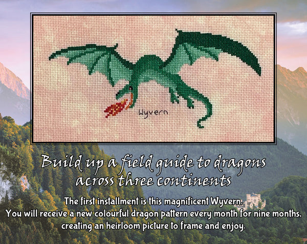 Dragons: A Field Guide Stitchalong. Close up picture of the first dragon - a Wyvern. Text reads: "Build up a field guide to dragons across three continents. The first installment is this magnificent Wyvern. You will receive a new colourful dragon pattern every month for nine months, creating an heirloom picture to frame and enjoy."